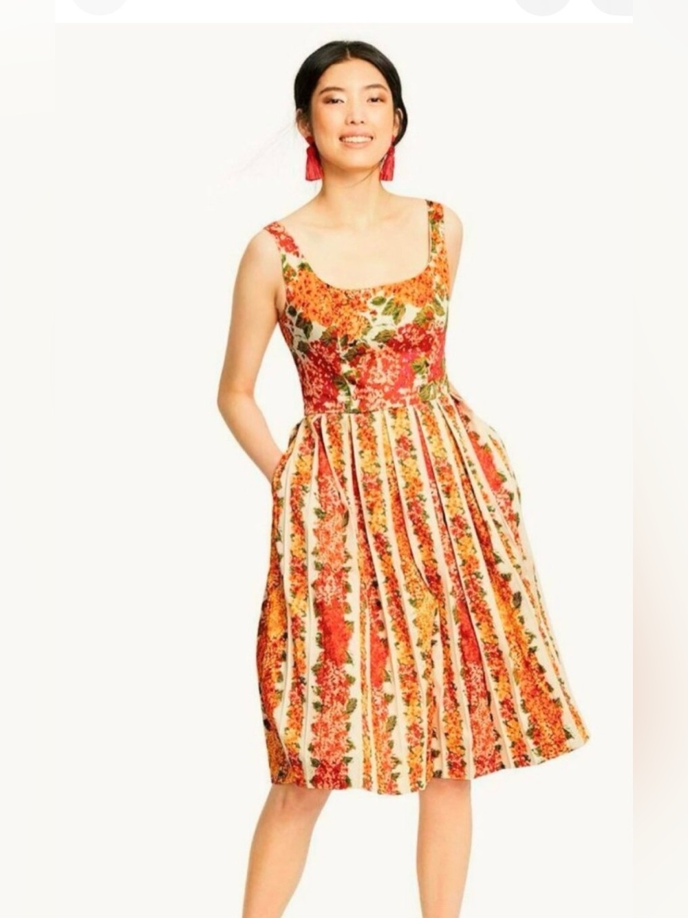 Floral Summer Dress in Cream, Orange & Red